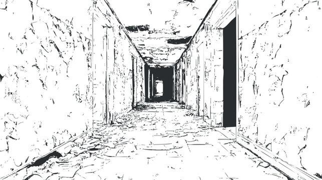 Abandoned hallway with cracked walls and damaged ceiling showing decay and deterioration in old building