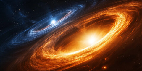 Fiery orange and cool blue nebulae swirl, creating a dynamic cosmic scene, symbolizing energy, power, and the vastness of space, ideal for science fiction or astronomy themes