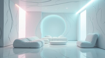Room with white glossy panels, futuristic-shaped furniture, accent neon lighting, clean space
