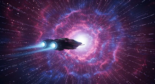 Spaceship soaring through an interdimensional portal filled with cosmic energy