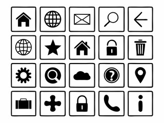 Collection of Hand Drawn Black Web Icons in Square Frames