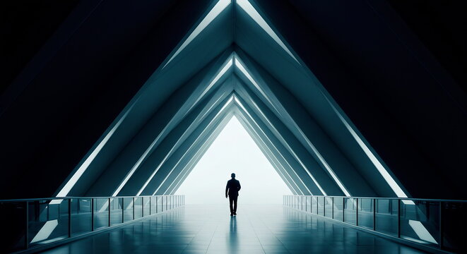 Man Walking Towards Light Modern Architecture Hallway