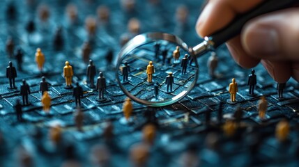 Magnifying glass focusing on figures in a crowd