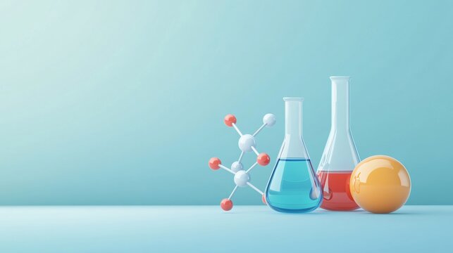 Colorful laboratory glassware, vibrant flasks with liquids, modern scientific theme, bright background, space for text.