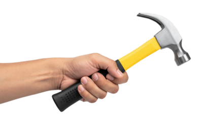 Hand holding hammer with yellow handle