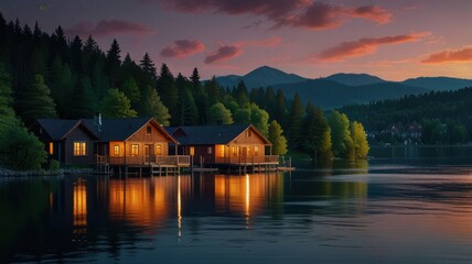 Fototapeta premium Lakeside Cabins at Sunset