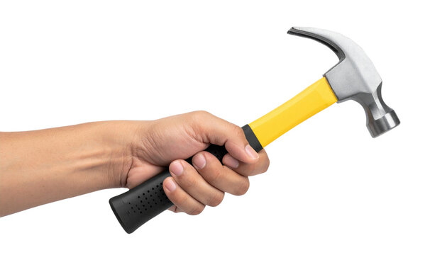 Hand holding hammer with yellow handle