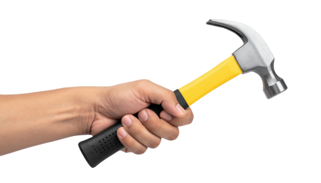 Hand holding hammer with yellow handle