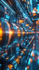 Futuristic server core close-up.  Intricate, technological machine components.  Dynamic lighting and textures