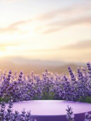 Obraz premium Lavender Field Product Display Platform at Sunset with Mountains in Background for Cosmetics