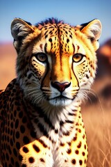 Fototapeta premium Close-up of a cheetah's spotted fur, showing its unique pattern and texture. Its ears are visible, indicating its alertness. The background is blurred, as are the natural colors of its habitat