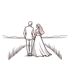 Couple walking hand in hand, wedding dress, line art, nature background, for invitations