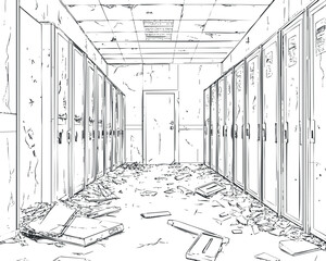 Abandoned school hallway with damaged lockers, cracked walls, debris scattered on floor, and broken ceiling panels.
