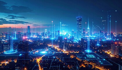 A vibrant futuristic cityscape at night, illuminated by neon lights, towering skyscrapers with sleek designs, and flying vehicles zipping through the sky.