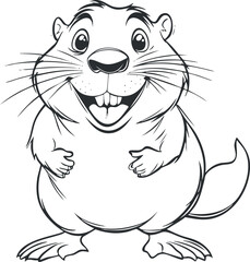 Black and white cartoon illustration of a happy smiling beaver with large teeth and whiskers