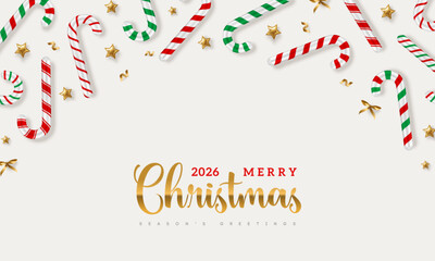 Merry Christmas New Year 2026 pattern frame, candy cane stick, golden stars and confetti. Vector illustration. Xmas gift card ornament. Place for text. Kids party holiday template, Santa banner