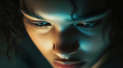 Fototapeta premium A woman with dark hair and a dark eye staring at the camera. The image has a moody and mysterious feel to it