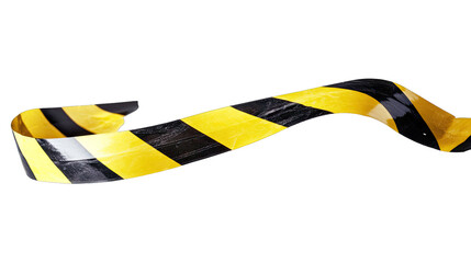 A vibrant yellow and black striped caution tape lying in a dynamic curve. symbolizing safety and warning. set against a transparent background. ideal for various design and safety-related uses