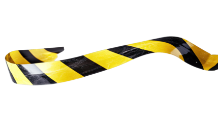 A vibrant yellow and black striped caution tape lying in a dynamic curve. symbolizing safety and warning. set against a transparent background. ideal for various design and safety-related uses