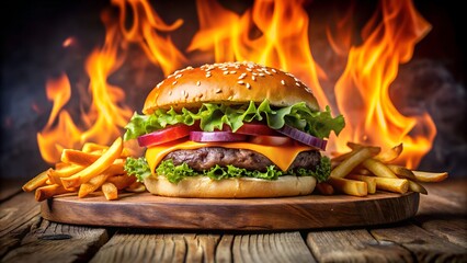 Fiery Hamburger with Crispy Fries