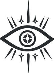Black and white mystical eye symbol with decorative rays and stars representing vision and insight
