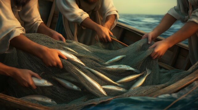 Four of Jesus&rsquo; apostles work together, their hands gripping ropes, pulling in an overflowing fish net into the boat&mdash;symbolizing unity, abundance, and divine provision.