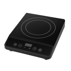 Fototapeta premium Compact black induction cooktop featuring touch controls, a digital display, and a smooth ceramic glass surface.