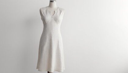 Sleeveless white linen dress on mannequin.White background.