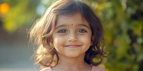 Fototapeta premium Young girl with a beautiful smile, outdoors during daytime in natural light. A candid portrait capturing a moment of innocence.