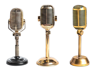A collection of three vintage microphones showcasing different designs and finishes. set against a plain background. ideal for a music-themed project or historical reference
