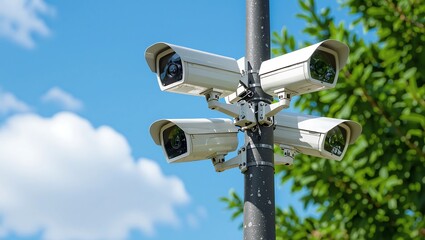 Four Security Cameras Mounted on a Pole Against a Blue Sky