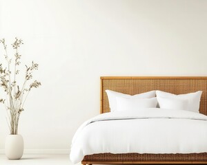 Modern minimalist bedroom with a rattan bed frame, linen bedding, and soft natural textures
