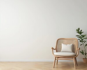 Japandiinspired home with a sleek rattan lounge chair, earthy hues, and minimalist elegance