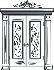 Black and white illustration of a decorative double wooden door with flame design panels and ornate frame.