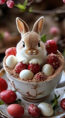A cute bunny sits in a teacup surrounded by colorful Easter eggs, creating a festive and charming springtime scene.