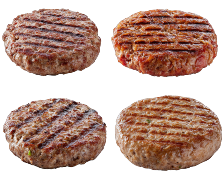 Four grilled meat patties with distinct textures and colors. arranged in a square layout. showcasing varying levels of doneness. ideal for culinary presentations or food advertisements