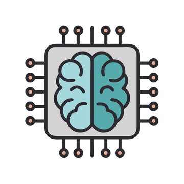 Brain with Dual Chips Icon Representing Parallel AI Processing and Cognitive Computing