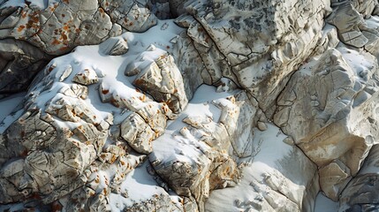 Close up mountain texture snow covered rocks jagged formations and light interplay between peaks and shadows