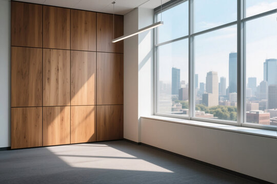 Fototapeta Modern empty office corner with wooden wall panels and large window showing city view under bright natural light, ideal for professional and stylish workspaces.  