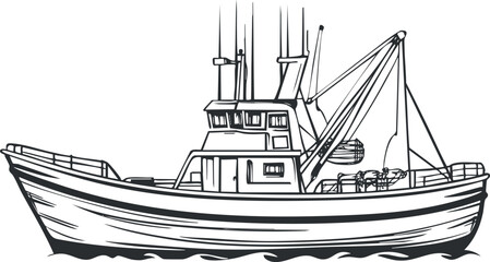 Black and white illustration of a fishing boat with crab pots on deck, used for commercial fishing on the sea. © vadymstock