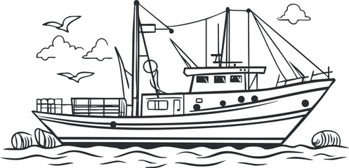 Black and white line drawing of a fishing boat on the water with seagulls and clouds in the sky