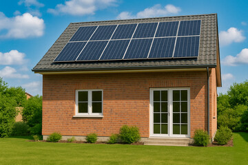 Naklejka premium Brick House with Solar Panels, Sustainable Energy for Green Living Banner