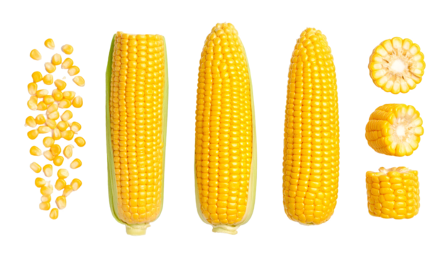 Ripe corn cob, kernels, and cut sections isolated on transparent background