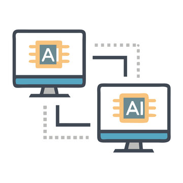 Dual Screens with AI Chip Icon Representing Synchronized Data Processing and AI Integration
