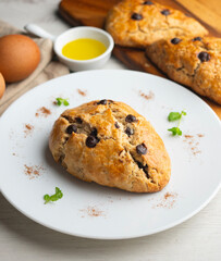 Triangular English scones with dark chocolate chips.