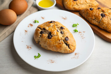 Triangular English scones with dark chocolate chips.