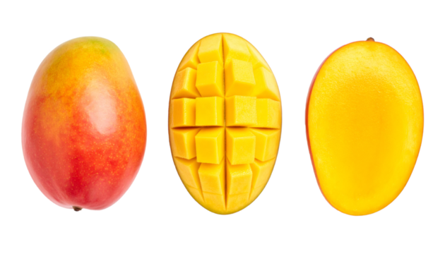 Ripe mango fruit isolated on transparent background, whole and cut lengthwise and crosswise