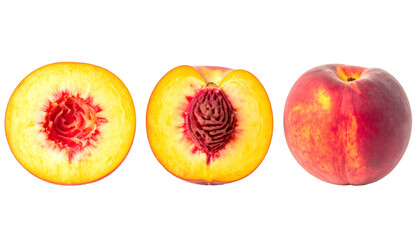 Peach cut in half and whole peach on transparent background