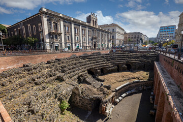 Remains of the Roman amphitheater of Catania in the city center of Catania, Sicily, Italy