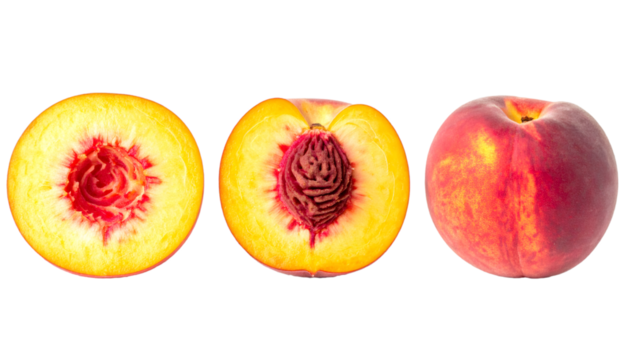 Peach cut in half and whole peach on transparent background